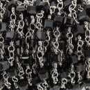 3 feet (1 yard) BLACK CUBE Crystal Rosary Chain, SILVER double wrap, 4mm faceted square cube glass beads, fch0694a