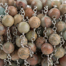 3 feet (1 yard) AQUA TERRA JASPER Gemstone Rosary Chain, double wrap silver links, 8mm round natural gemstone beads, fch0696a