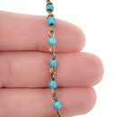 1 yard TURQUOISE BLUE Howlite Rosary Chain, Howlite Bead Chain, bronze, 4mm round stone beads, bulk on spool, fch0708a