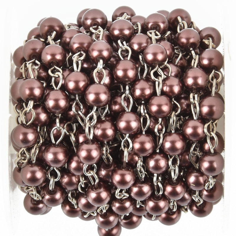 1 yard MAROON BURGUNDY Rosary Chain, SILVER wire, 6mm round glass beads, fch0961a