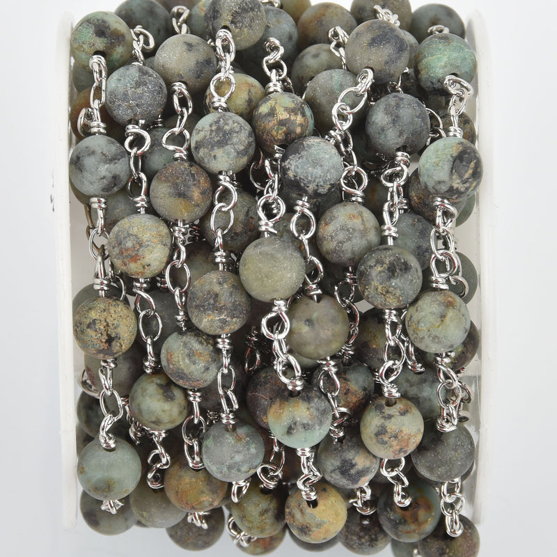 1 yard Matte Green AFRICAN TURQUOISE Rosary Chain, silver double wrap, 6mm round gemstone beads fch0994a