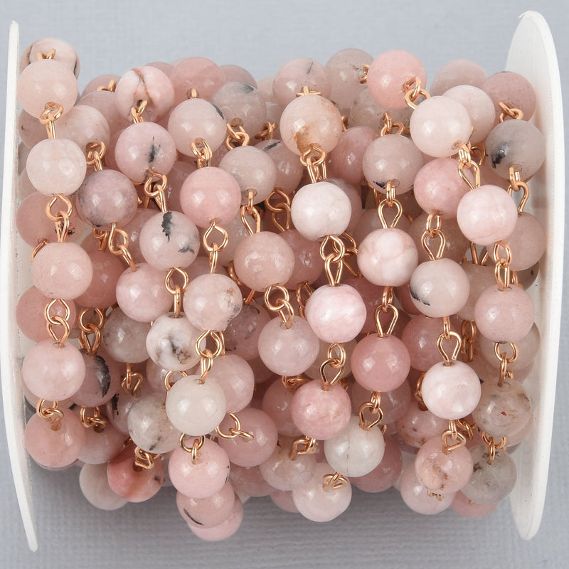 1 yard BLUSH PINK Agate Gemstone Rosary Chain, GOLD links, 8mm round smooth beads, fch0995a
