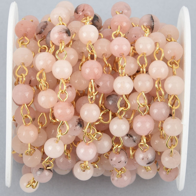 13 feet BLUSH PINK Agate Gemstone Rosary Chain, GOLD links, 6mm round smooth gemstone beads, fch1021b