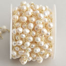 1 yard Freshwater Pearl Rosary Chain, gold double wrap wire bead chain, 6mm white real pearls, fch1157a