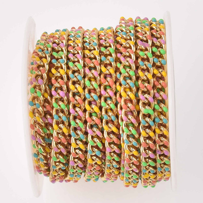 1 yard Multicolor Chain, Pastel Colors Enamel Coated, Gold Plated Curb Link, 6mm links, fch1285a