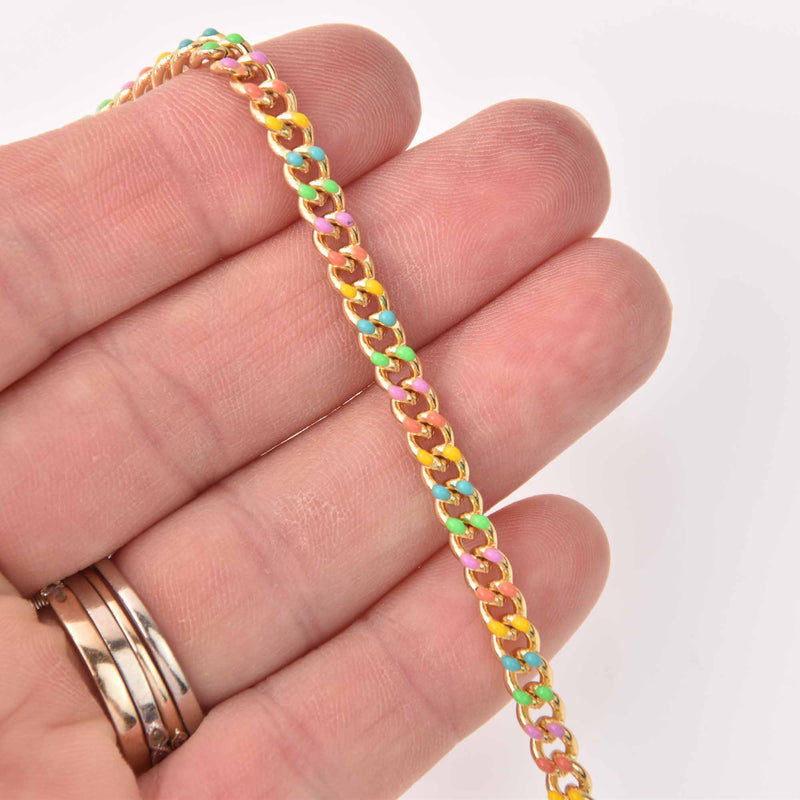 1 yard Multicolor Chain, Pastel Colors Enamel Coated, Gold Plated Curb Link, 6mm links, fch1285a