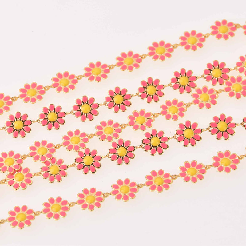 1 yard Gold Daisy Chain, Pink Enamel Flowers, Anklet Chain, Bracelet Chain, fch1302a
