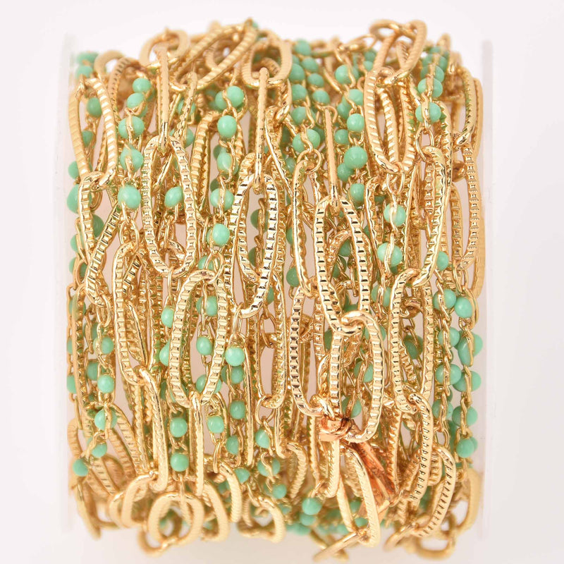 1 yard Gold Plated Paperclip Chain, Green Beaded Chain, fch1305a