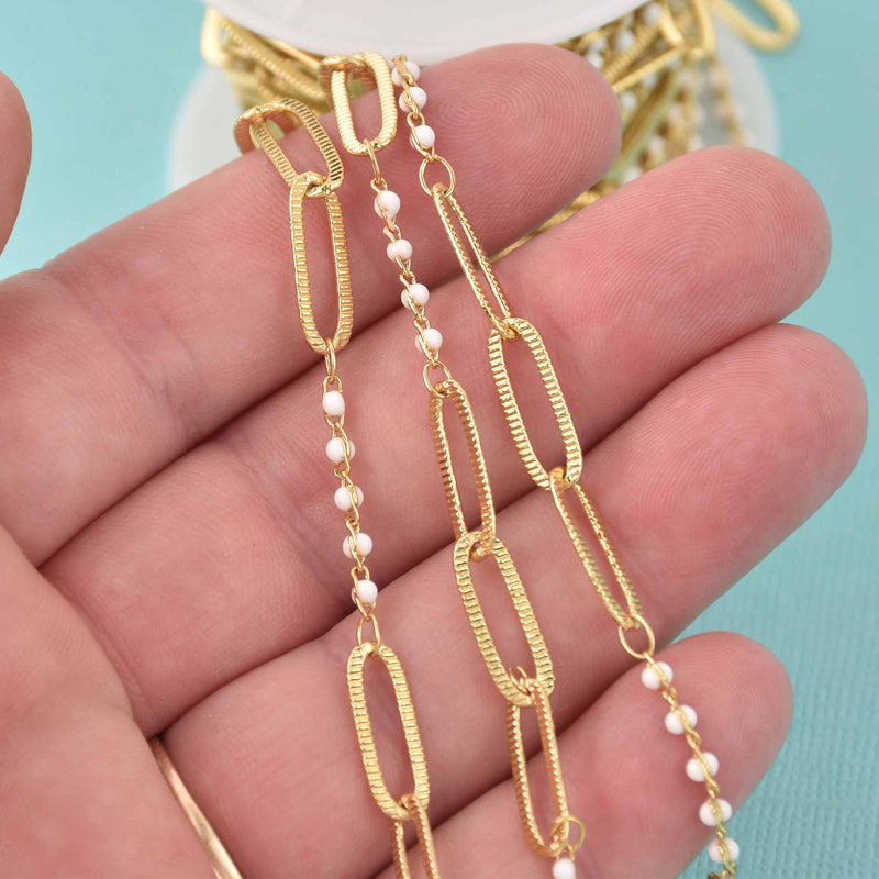 1 yard Gold Plated Paperclip Chain, White Beaded Chain, fch1306a