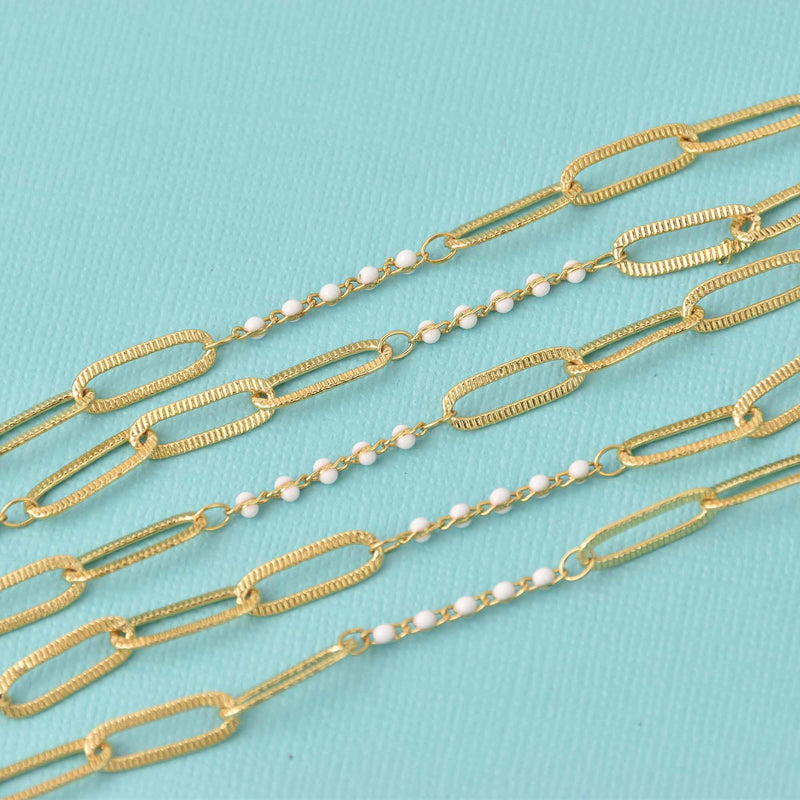 1 yard Gold Plated Paperclip Chain, White Beaded Chain, fch1306a
