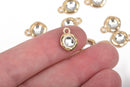10 Light Gold Rhinestone Drop Charms, 10mm asymmetrical circle with faceted rhinestone embedded in center, chg0455a