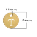 10 Letter T Alphabet Charms Gold Plated Monogram, double sided round disc letter charms, dot charms, 12mm, (1/2") chg0463