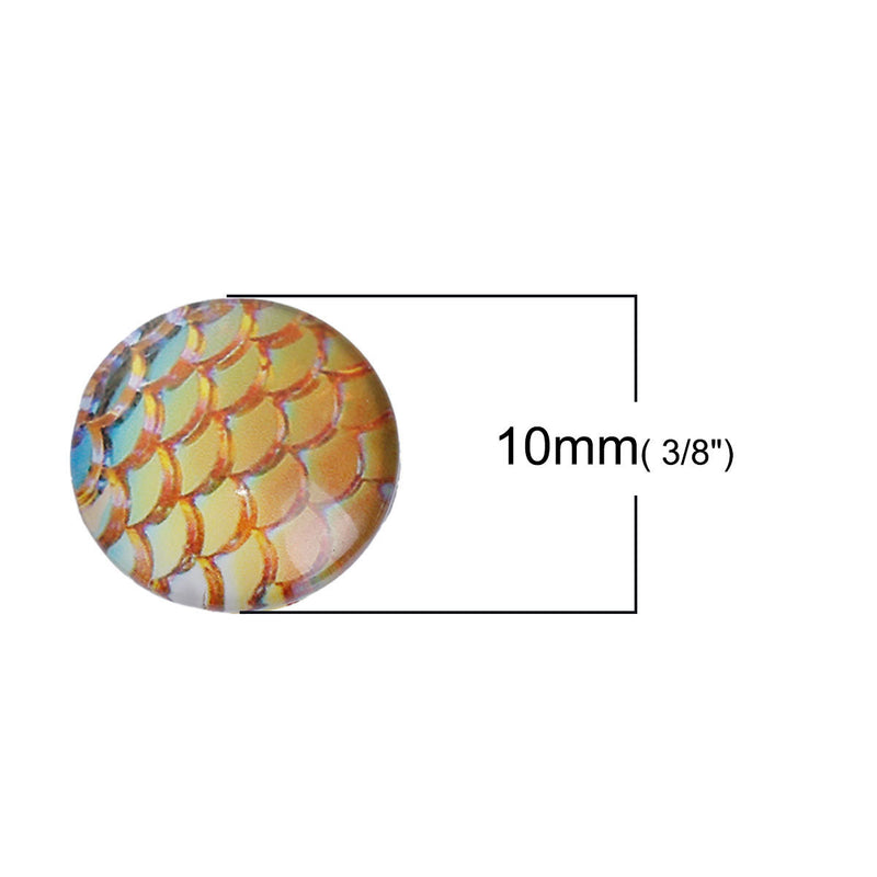10 MERMAID Fish Scales Glass Dome Cabochons, Golden Yellow, Round Glass Dome Seals Cabochons, 10mm  (about 3/8" diameter)  cab0514