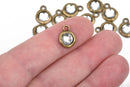 50 Bronze Rhinestone Drop Charms, 10mm asymmetrical circle with faceted rhinestone embedded in center, chb0463b