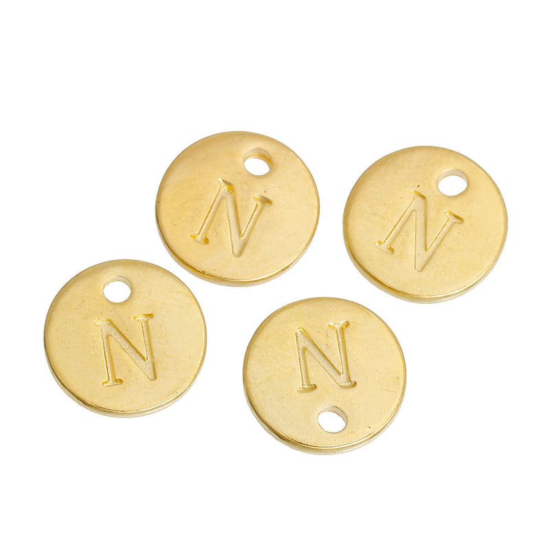 10 Letter N Alphabet Charms Gold Plated Monogram, double sided round disc letter charms, dot charms, 12mm, (1/2") chg0462