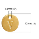 10 Letter V Alphabet Charms Gold Plated Monogram, double sided round disc letter charms, dot charms, 12mm, (1/2") chg0470