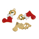 3 CHRISTMAS STOCKING Wreath Charm Pendants, red white green stockings, holds ss7 pointback rhinestones, Gold Plated with enamel, chg0557