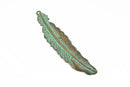 5 Bronze FEATHER Charms, Bronze with green patina metal charms, Bronze verdigris feather pendants, 77x16mm, 3" long chb0507