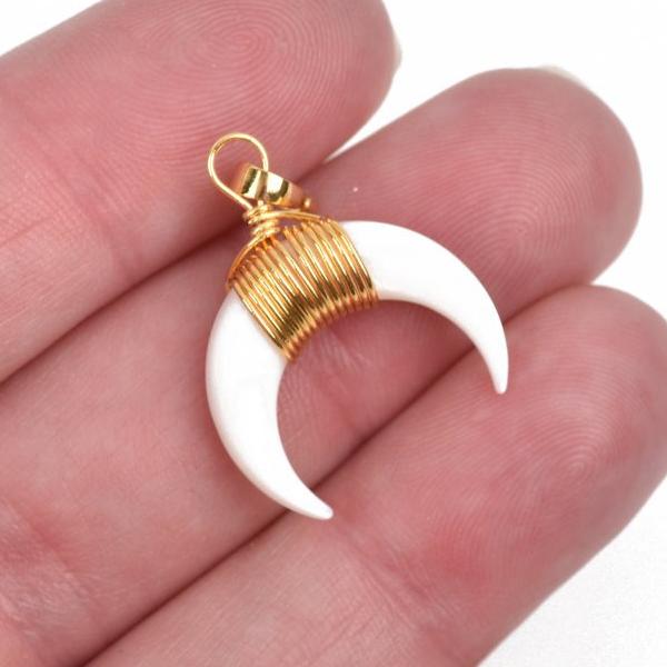 White Double Horn Charm Pendant, Crescent Horn, Gold Wire Wrap, Upside