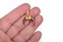 TORTOISESHELL BROWN Double Horn Charm Pendant, Crescent Horn, Gold Wire Wrap, Upside Down Moon, Dyed Shell, 20mm (3/4") cho0193