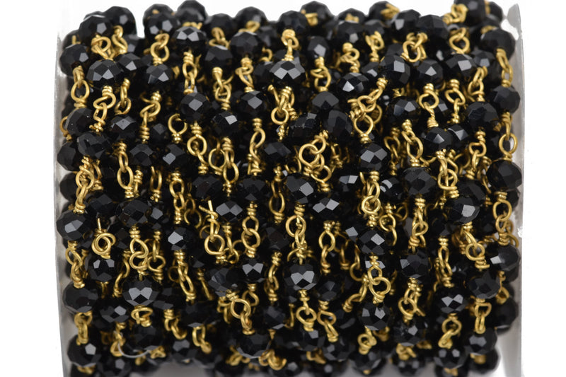 10 meters (30+ feet) JET BLACK Crystal Rondelle Rosary Bead Chain, gold double wrapped wire, 6mm faceted rondelle glass beads, fch0526b