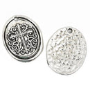 5 Silver Cross Relic Charm Pendants, wax seal style, oval coin charms, Silver plated metal, double sided design, 27x21mm, chs2861
