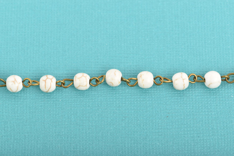 1 yard WHITE 6mm Howlite Rosary Chain, bronze wire links, round stone bead chain, fch0606a