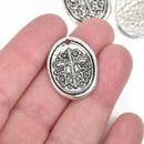 5 Silver Cross Relic Charm Pendants, wax seal style, oval coin charms, Silver plated metal, double sided design, 27x21mm, chs2861