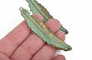 5 Bronze FEATHER Charms, Bronze with green patina metal charms, Bronze verdigris feather pendants, 77x16mm, 3" long chb0507