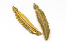 5 Gold FEATHER Charms, Gold oxidized charms, 77x16mm, 3" long chg0597
