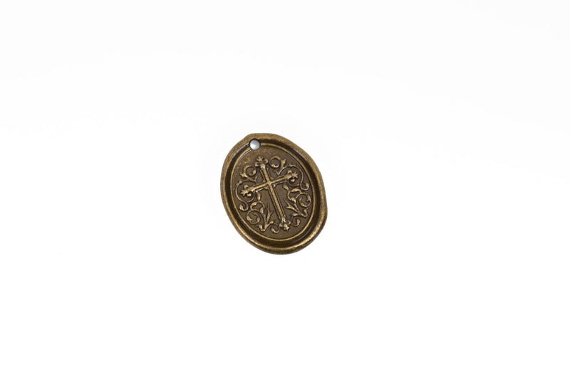 5 Bronze Cross Relic Charm Pendants, wax seal style, oval coin charms, Bronze plated metal, double sided design, 27x21mm, chs2862