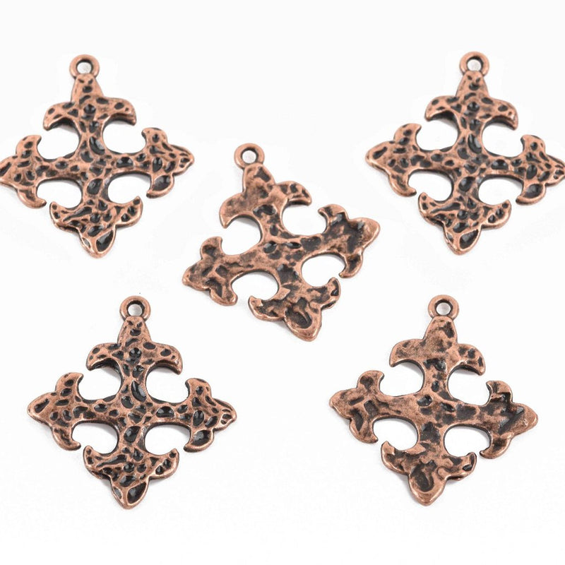 5 Copper Ox Cross Fleury Relic Charms, Fleur de Lis Cross, Hammered Plated Metal, double sided design, 30x28mm, chs2964