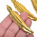 5 Gold FEATHER Charms, Gold oxidized charms, 77x16mm, 3" long chg0597