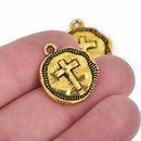 10 Gold Coin Relic Charm Pendants, Cross with wax seal, round coin charms, 22x19mm, chg0588