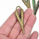 5 HEART Charm Pendants, hammered bronze metal with green verdigris patina, stylized elongated heart, 60x18mm, 2-3/8" long chb0527