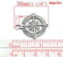 6 Antiqued Silver Tone Pewter COMPASS Charm Pendants . chs0265a