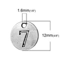 10 Number 7 (seven) Antique Silver Carved Circle Disc Charm Pendant .  chs2274