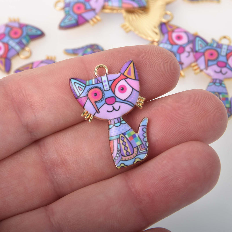 Patchwork Cat Charms, Purple Enamel 30mm, chs8387