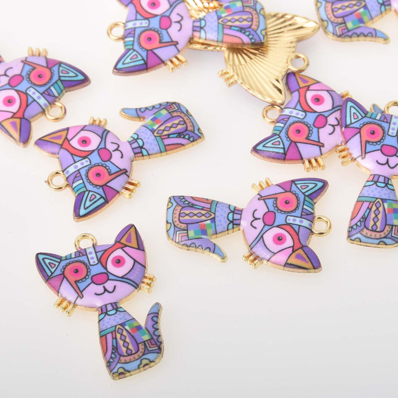 Patchwork Cat Charms, Purple Enamel 30mm, chs8387