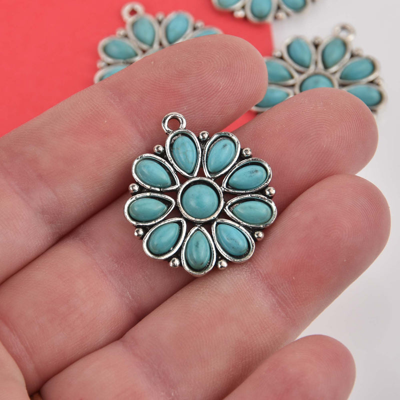 Boho Flower Charms, silver with faux turquoise, chs8469