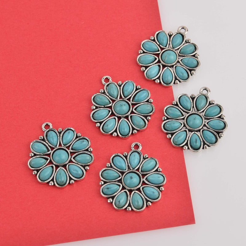 Boho Flower Charms, silver with faux turquoise, chs8469