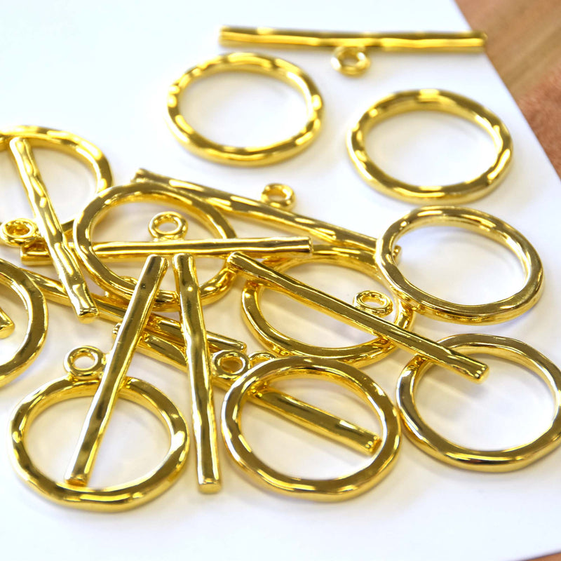 5 sets Bright Gold Toggle Clasps, large hammered metal, fcl0513