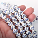 12mm Round Porcelain Beads, Dark Blue, Flower, 6 beads, bgl2091