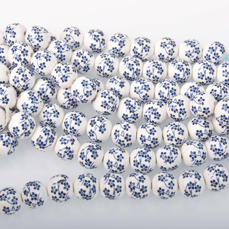 12mm Round Porcelain Beads, Dark Blue, Flower, 6 beads, bgl2091