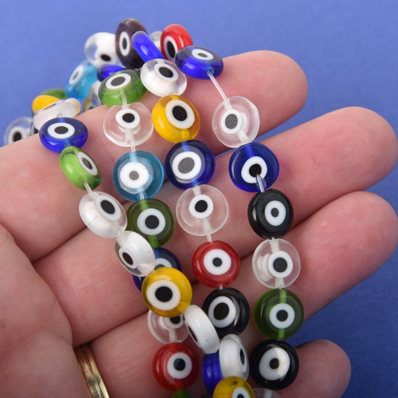 10mm Evil Eye Beads, coin, glass, multicolor strand, bgl2092