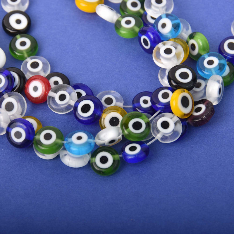 10mm Evil Eye Beads, coin, glass, multicolor strand, bgl2092