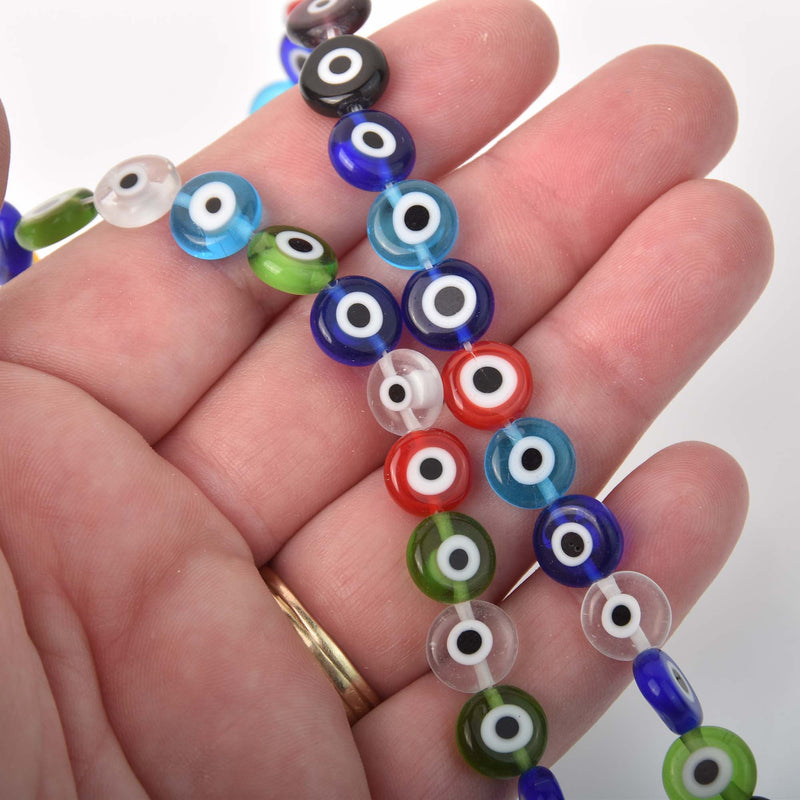 10mm Evil Eye Beads, coin, glass, multicolor strand, bgl2092