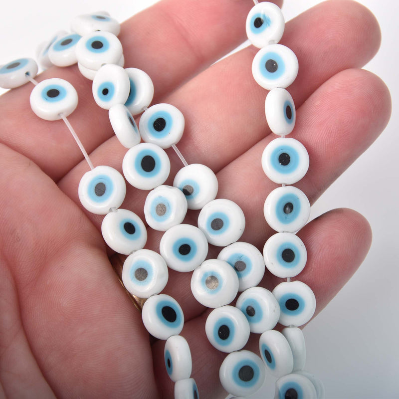 10mm Evil Eye Beads, coin, glass, white with blue eyes, strand, bgl2093