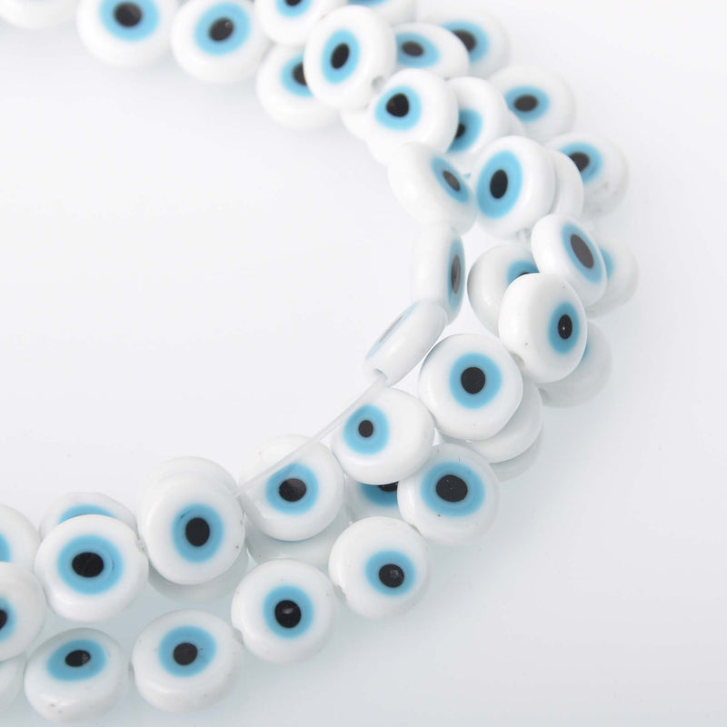 10mm Evil Eye Beads, coin, glass, white with blue eyes, strand, bgl2093