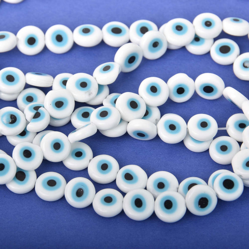 10mm Evil Eye Beads, coin, glass, white with blue eyes, strand, bgl2093